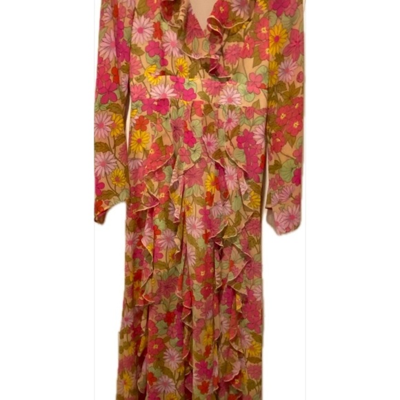 Show Me Your MuMu Ruffle Garden Maxi Pink Grn Long Wide Sleeves New Small - Picture 13 of 15